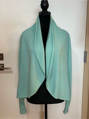 Saks Fifth Avenue 100% Cashmere Aqua Open Front Shawl Collar Sweater Small
